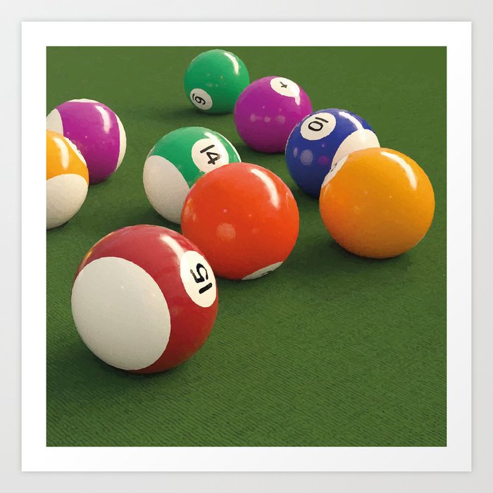 Billiard balls on table Art Print
