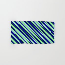 [ Thumbnail: Light Green & Dark Blue Colored Lined Pattern Hand & Bath Towel ]