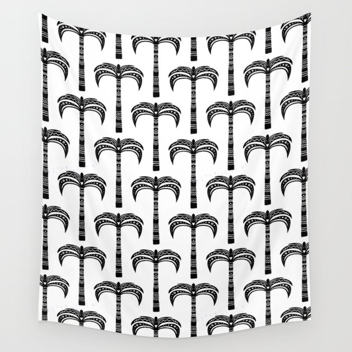 Black And White Palm Tree Hand Drawn Graphic Wall Tapestry