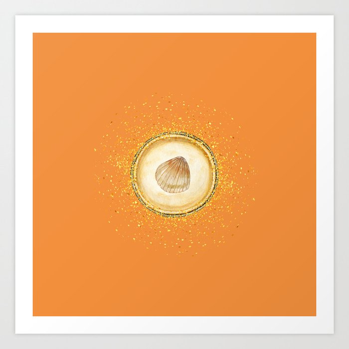 Watercolor Seashell Gold Circle Pendant on Orange Art Print