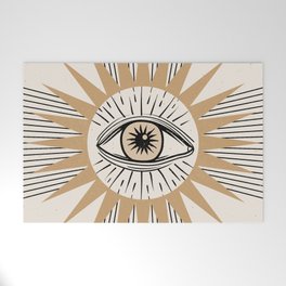Mystical eye with sun and lines - minimal abstract geometric in black, cream and gold Welcome Mat