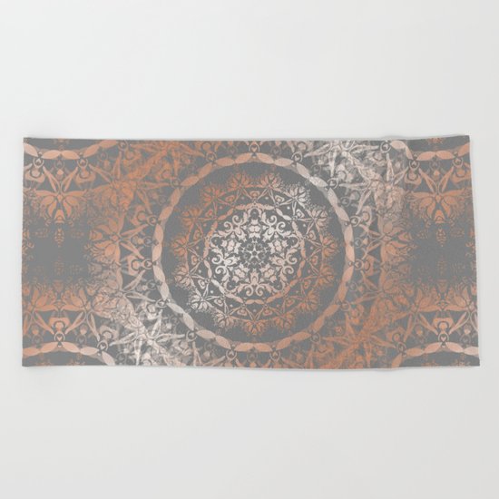 Rose Gold Gray Floral Mandala Beach Towel