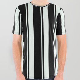 [ Thumbnail: Black & Mint Cream Colored Lines/Stripes Pattern All Over Graphic Tee ]
