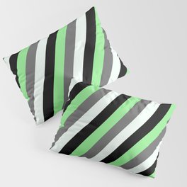 [ Thumbnail: Light Green, Dim Grey, Mint Cream, and Black Colored Striped Pattern Pillow Sham ]
