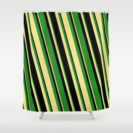 [ Thumbnail: Black, Forest Green, and Tan Colored Stripes Pattern Shower Curtain ]