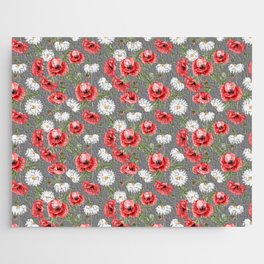 Daisy and Poppy Seamless Pattern on Grey Background Jigsaw Puzzle