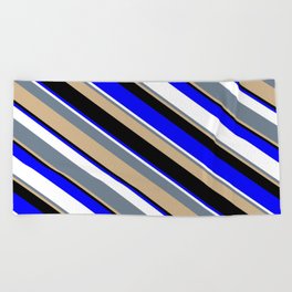 [ Thumbnail: Vibrant Slate Gray, Tan, Black, Blue, and White Colored Striped/Lined Pattern Beach Towel ]