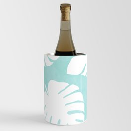 White Monstera Leaves Pattern  |  Mint Background Wine Chiller