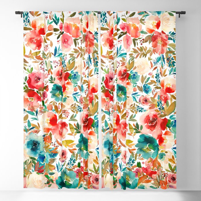 Red Turquoise Teal Floral Watercolor Blackout Curtain