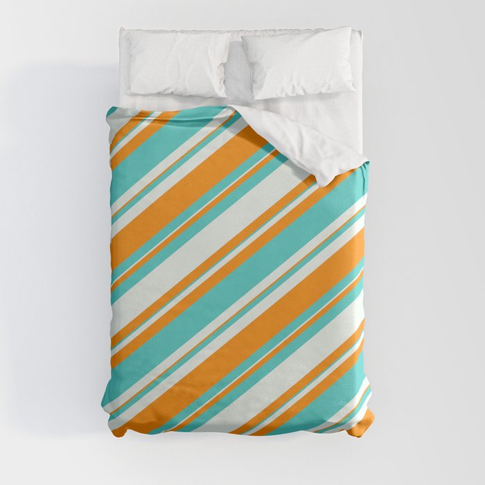 Mint Cream, Dark Orange & Turquoise Colored Lined/Striped Pattern Duvet Cover