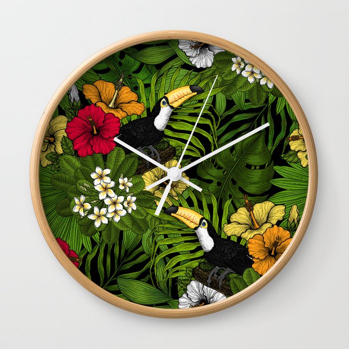 Toucans and tropical flora, green, yellow, red and orange Wall Clock