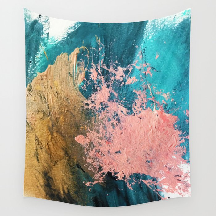 Coral Reef 1 Colorful Abstract In Blue Teal Gold And Pink Wall Tapestry By Blushingbrushstudio Society6