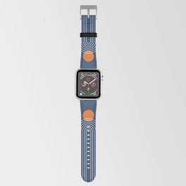 Mid Century Modern Geometric 83 in Navy Blue and Orange (Rainbow and Sun Abstraction) Apple Watch Band | Abstraction, Navyblue, Fullmoon, Rainbow, Pattern, Classy, Line, Trendy, Boho, Modern 