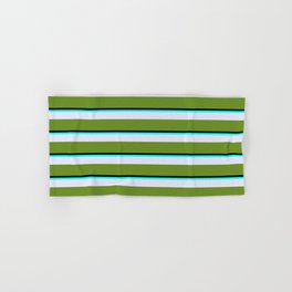 [ Thumbnail: Black, Aqua, Lavender & Green Colored Stripes Pattern Hand & Bath Towel ]