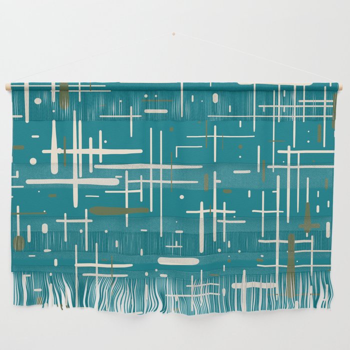 Mid-Century Modern Kinetikos Pattern in Moroccan Teal Blue Cream Olive Wall Hanging