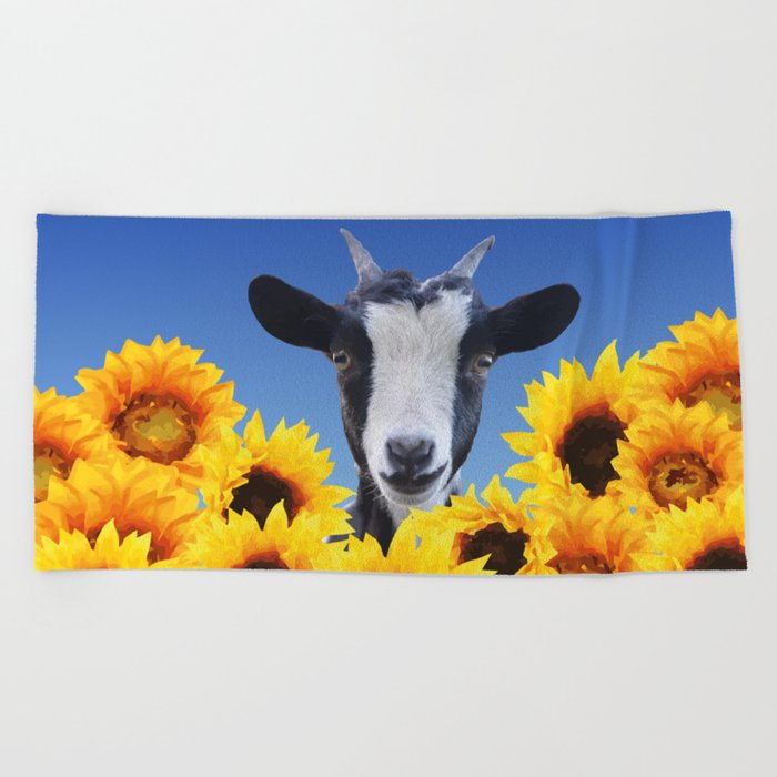 Goat in Sunflower field Beach Towel