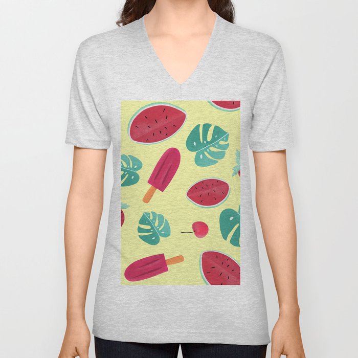 Ice Lolly Tropical Watermelon Pattern Hibiscus Icecream V Neck T Shirt