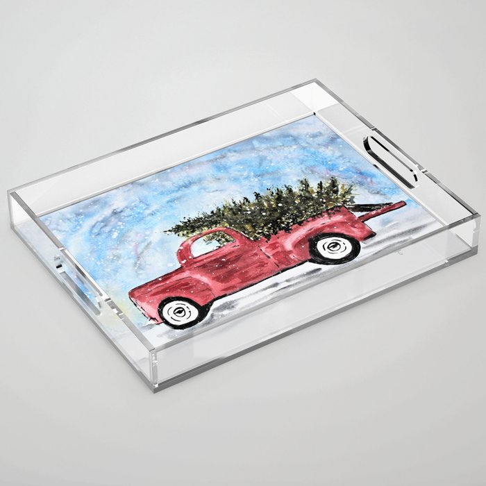 Vintage Red Christmas Truck with Tree Watercolor Acrylic Tray