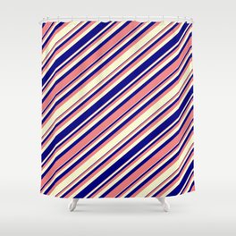 [ Thumbnail: Light Coral, Light Yellow, and Blue Colored Lined/Striped Pattern Shower Curtain ]