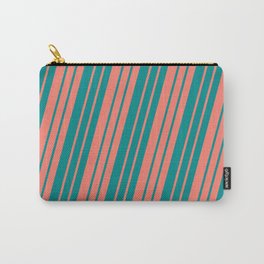 [ Thumbnail: Salmon and Dark Cyan Colored Lined/Striped Pattern Carry-All Pouch ]