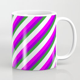 [ Thumbnail: Eye-catching Fuchsia, Dark Violet, Forest Green, Mint Cream, and Light Grey Colored Stripes Pattern Coffee Mug ]
