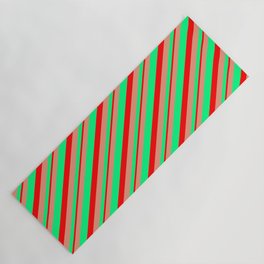 [ Thumbnail: Dark Salmon, Green & Red Colored Striped Pattern Yoga Mat ]
