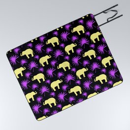 Wild African bright yellow little elephants pink exotic tropical leaves whimsical cute black pattern Picnic Blanket