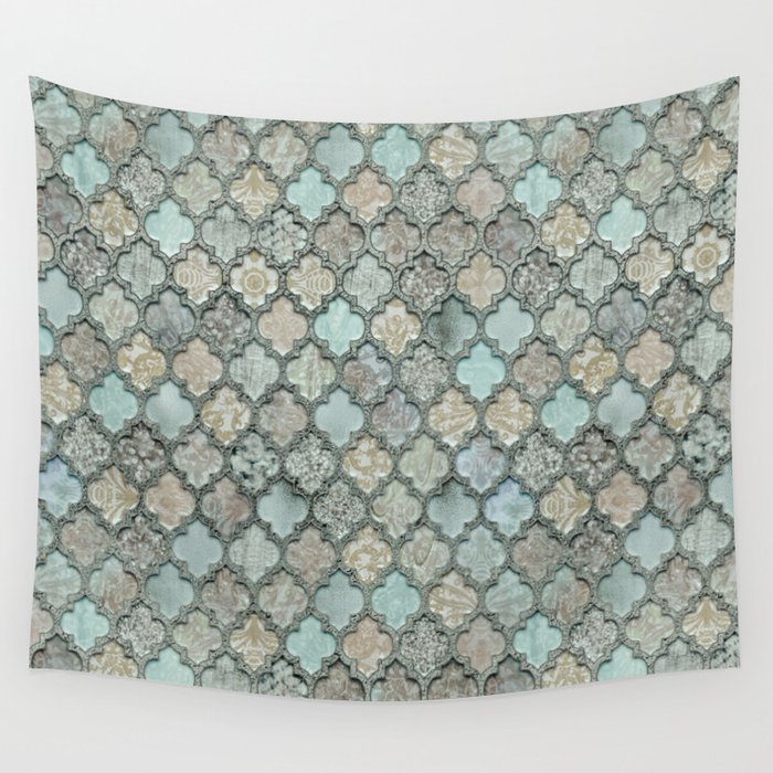 Old Moroccan Tiles Pattern Teal Beige Distressed Style Wall Tapestry