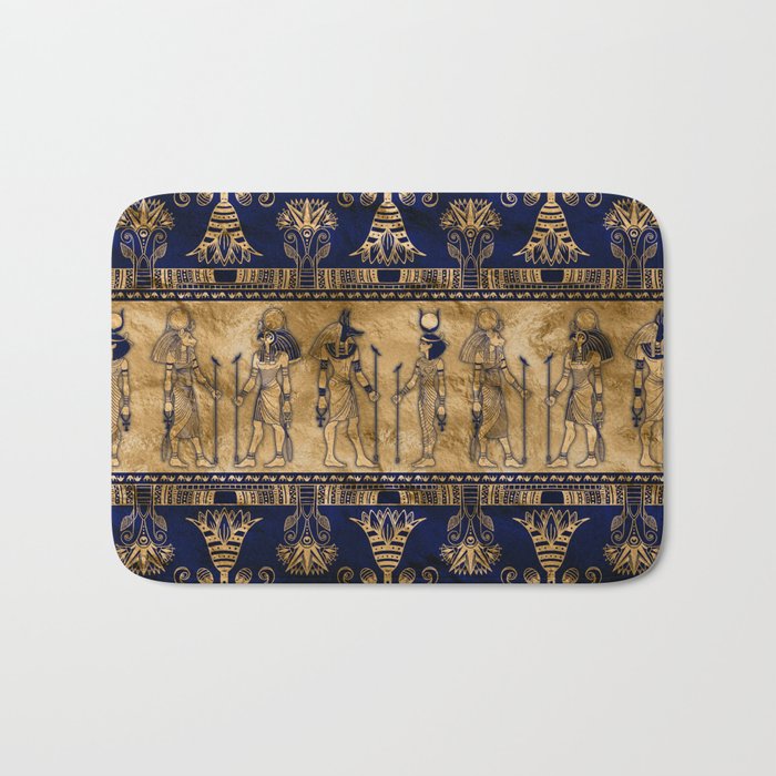 Egyptian Gods and Ornamental border - blue and gold Bath Mat
