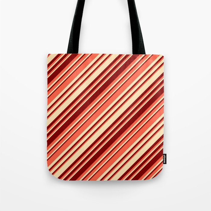 Red, Beige, and Maroon Colored Striped/Lined Pattern Tote Bag