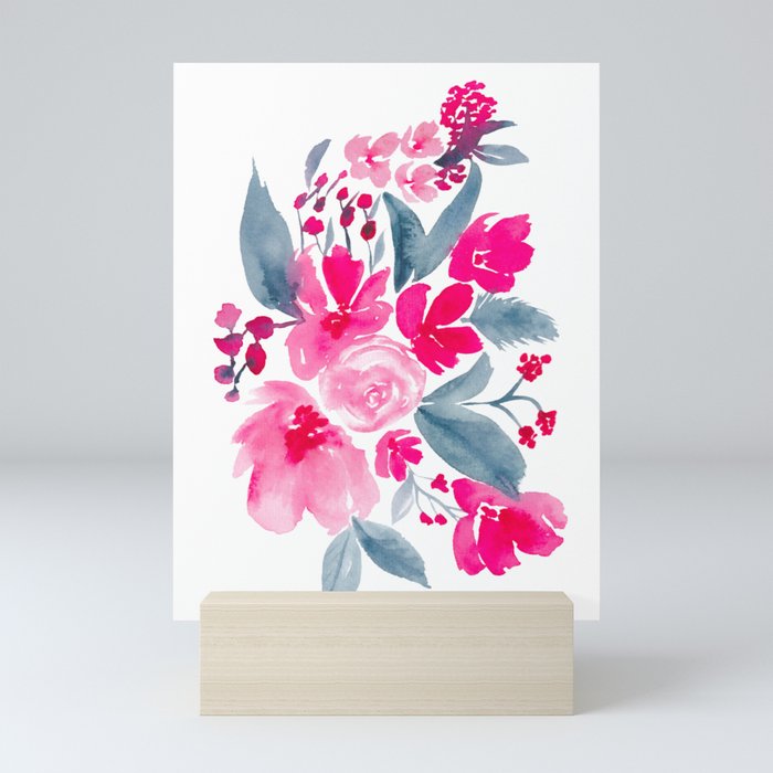Bright hot pink and blue floral watercolor pattern Mini Art Print