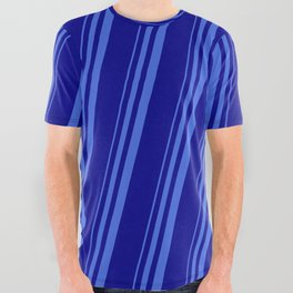[ Thumbnail: Royal Blue & Dark Blue Colored Striped Pattern All Over Graphic Tee ]