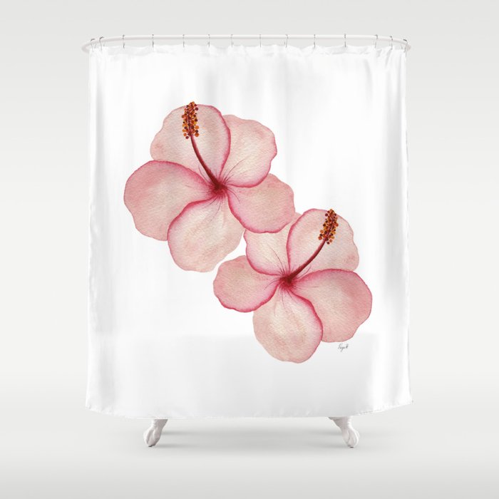 Tropical Hawaiian Pink Watercolor Hibiscus Shower Curtain