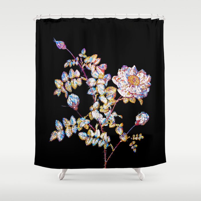 Floral White Burnet Roses Mosaic on Black Shower Curtain