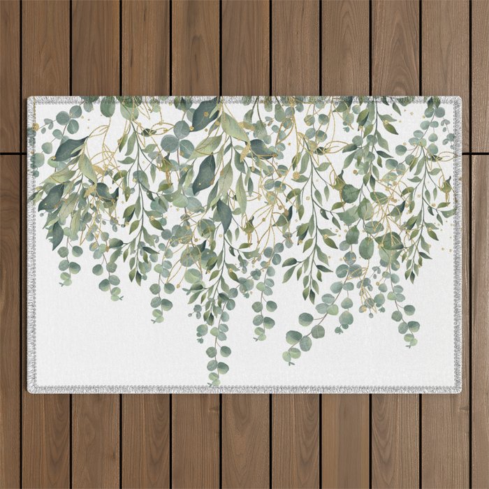 Gold And Green Eucalyptus Leaves Outdoor Rug