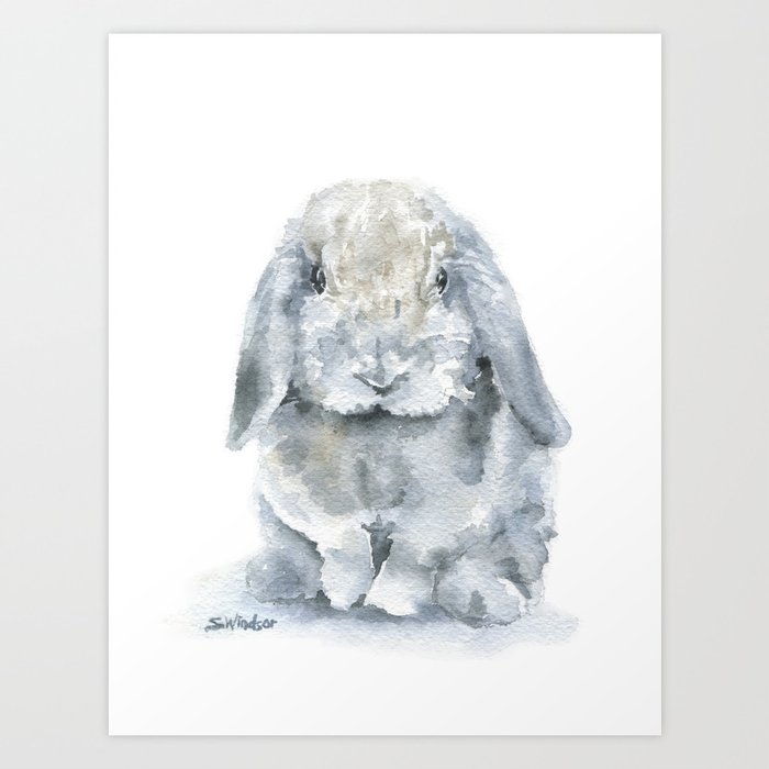 Mini Lop Gray Rabbit Watercolor Painting Art Print