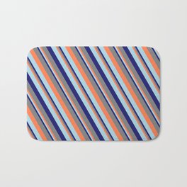 [ Thumbnail: Coral, Light Blue, Midnight Blue & Gray Colored Lines Pattern Bath Mat ]