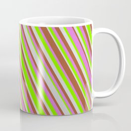 [ Thumbnail: Sienna, Orchid, Green & Light Gray Colored Stripes Pattern Coffee Mug ]