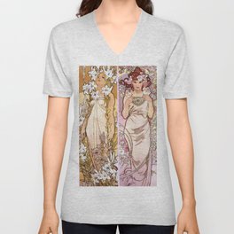 Alfons Mucha, “ four flowers ” V Neck T Shirt