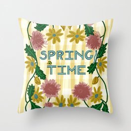 Spring Time Floral Wreath with Yellow Daisies, Caterpillar, Magpie, and Ladybug on Plaid | pink, yellow Throw Pillow