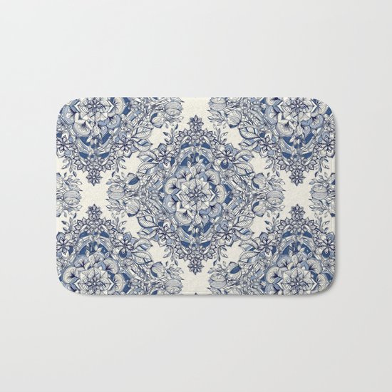 Floral Diamond Doodle in Dark Blue and Cream Bath Mat
