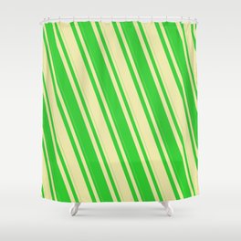 [ Thumbnail: Lime Green and Pale Goldenrod Colored Stripes Pattern Shower Curtain ]