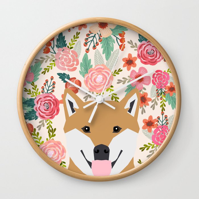 Shiba Inu florals spring summer bright girly hipster dog meme shiba ink puppy pet portraits Wall Clock