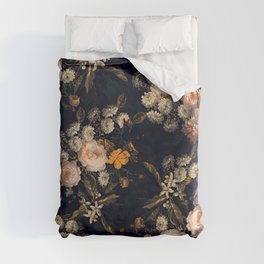 Antique Botanical Peach Roses And Chamomile Midnight Garden Duvet Cover