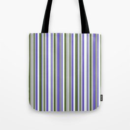 [ Thumbnail: Grey, Slate Blue, Mint Cream & Dark Olive Green Colored Stripes/Lines Pattern Tote Bag ]