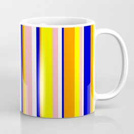 [ Thumbnail: Eye-catching Dark Orange, Blue, White, Light Pink, and Yellow Colored Stripes Pattern Coffee Mug ]