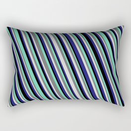 [ Thumbnail: Light Grey, Midnight Blue, Black, Aquamarine & Dim Grey Colored Lined/Striped Pattern Rectangular Pillow ]