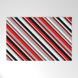 [ Thumbnail: Red, Dark Grey, Light Cyan, and Black Colored Striped Pattern Welcome Mat ]