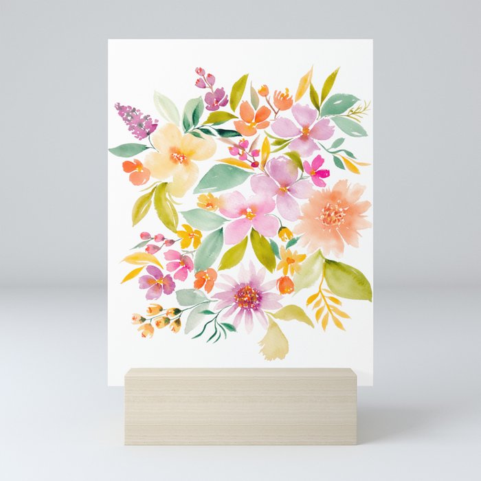 Modern bright multicolor pastel vibrant floral watercolor Mini Art Print