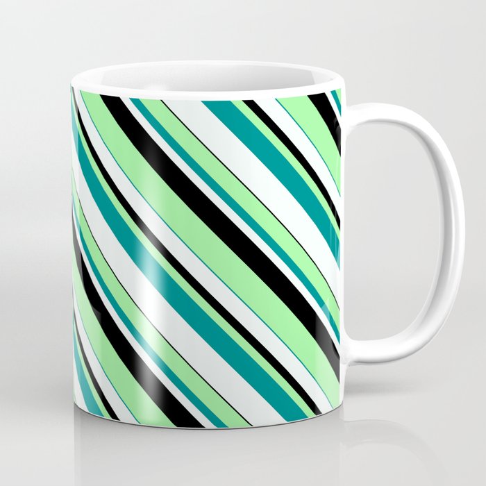 Green, Teal, Mint Cream & Black Colored Lined Pattern Coffee Mug